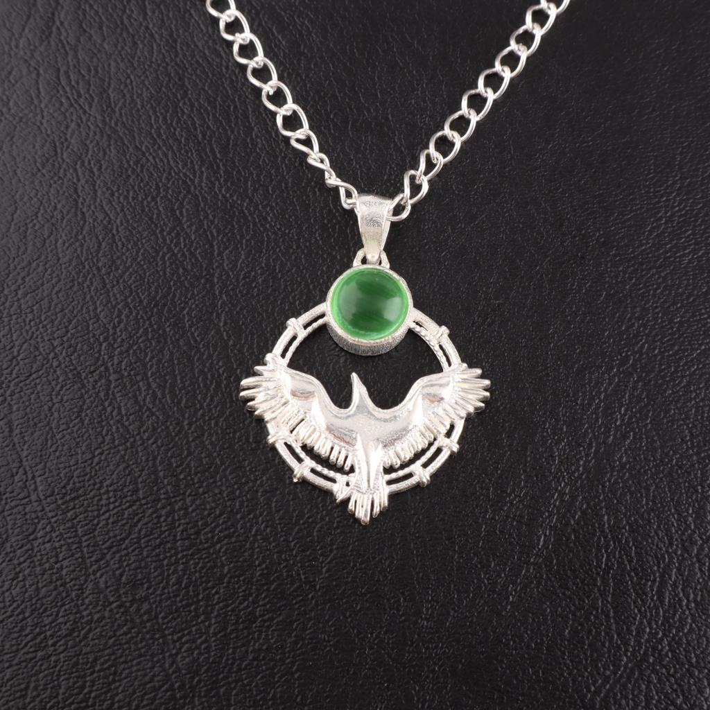 Rare Green Cat's Eye Gemstone 925 Sterling Silver Jewelry Handmade Pendant 1.43" CP-38-47