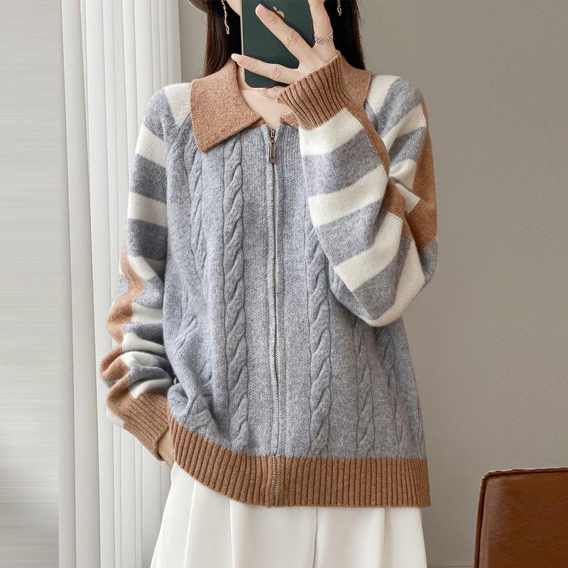 Mengyi Autumn Korean Style Color Block Cable Knit Cardigan for Women
