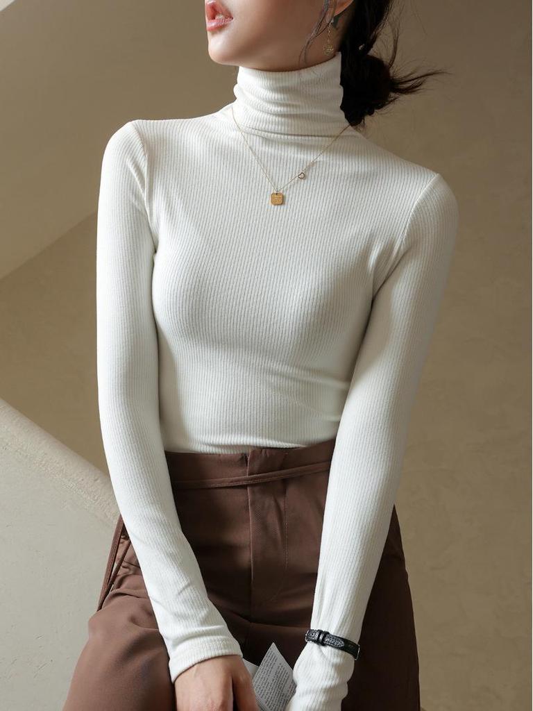 Velvet High-Neck Turtleneck Long-Sleeve Women's Shirt - Trendy Black Top for 2024 Spring, Autumn, and Winter