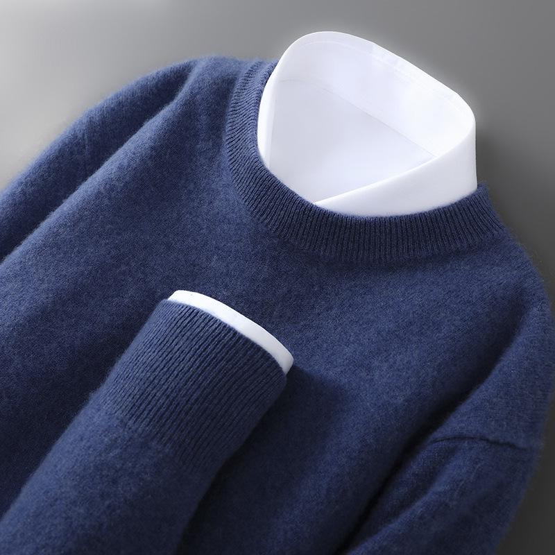 Men's 100% Australian Wool Round Neck Sweater - Casual Business Knitwear for Autumn/Winter