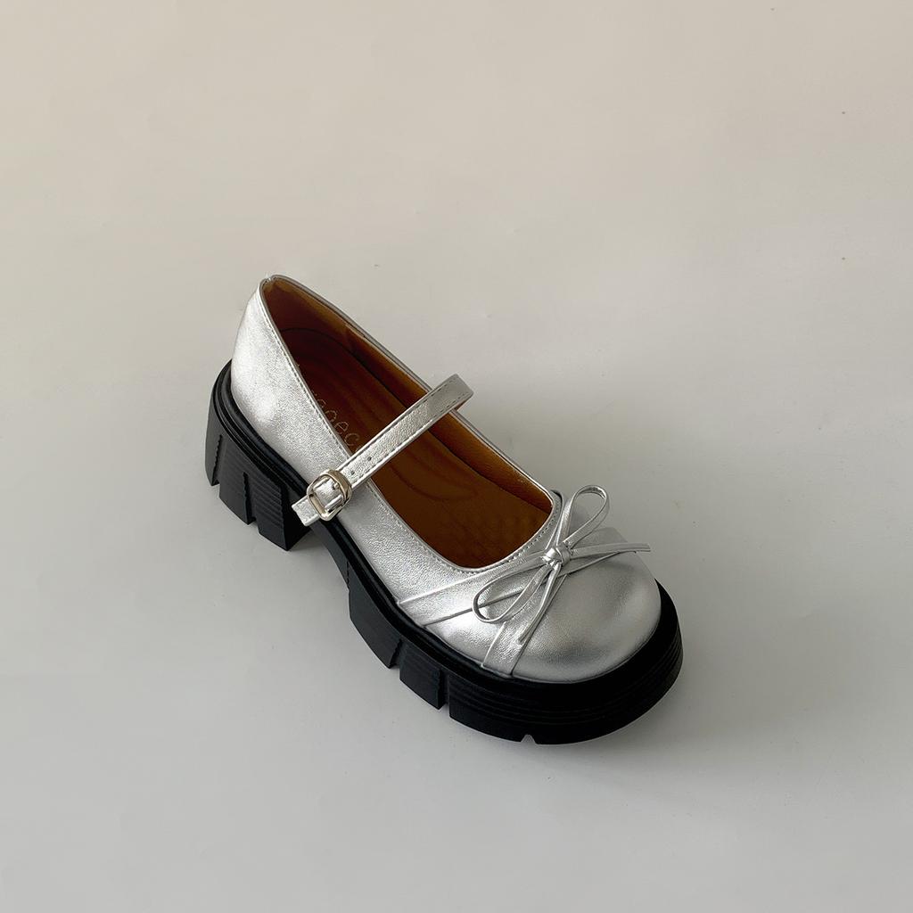 Silver French round head heightening light mouth platform single shoes women's summer 2025 new versatile soft sole Mary Jane small leather shoes