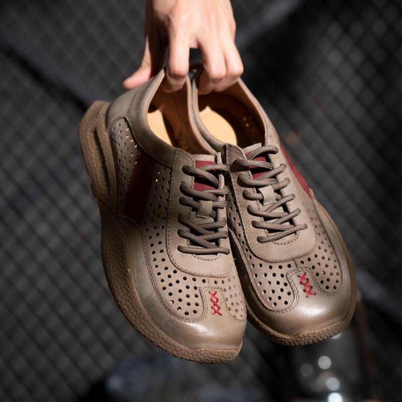 Summer low-top hollow casual shoes men's soft and delicate first-layer cowhide shoes retro lace-up sports shoes