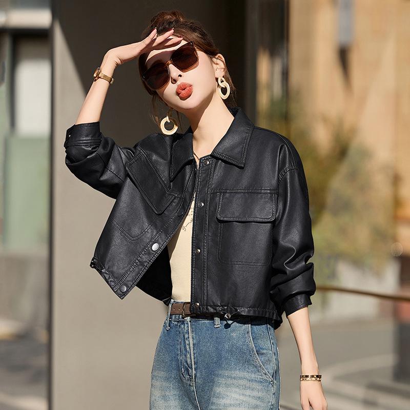 

Женская мотоциклетная куртка из натуральной кожи для миниатюрных – Короткая, повседневная в корейском стиле для весны/осени 2025 Medium