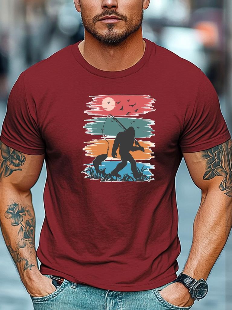 Mens Summer Fishing TShirt Bigfoot Catch Fish Print Short Sleeve Round Neck Breathable Soft Outdoor Daily Wear
