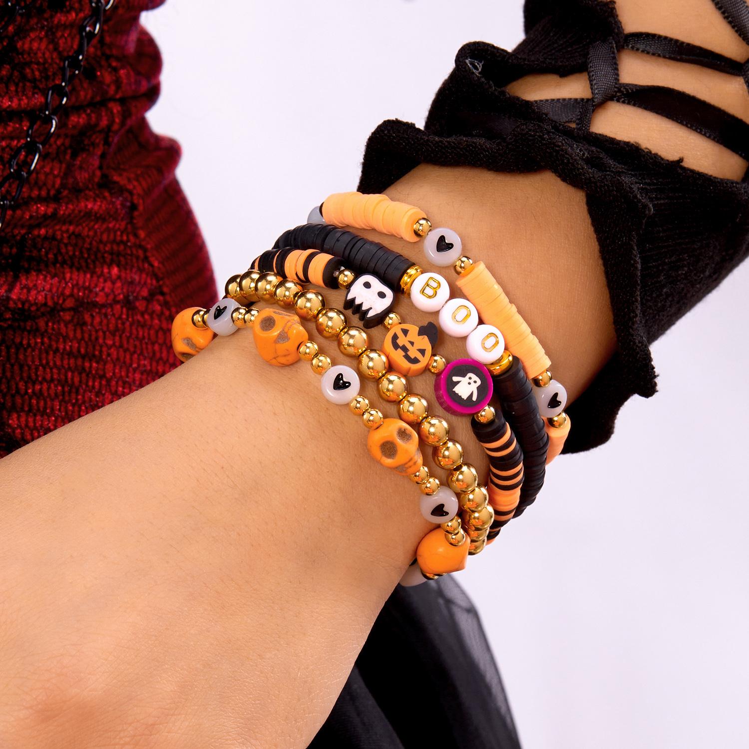 

5 Pcs/Set Halloween Gothic Skull Skeleton Polymer Clay Beads Bracelet for Women Cartoon Pumpkin Boo Elastic Chain Party Zircon