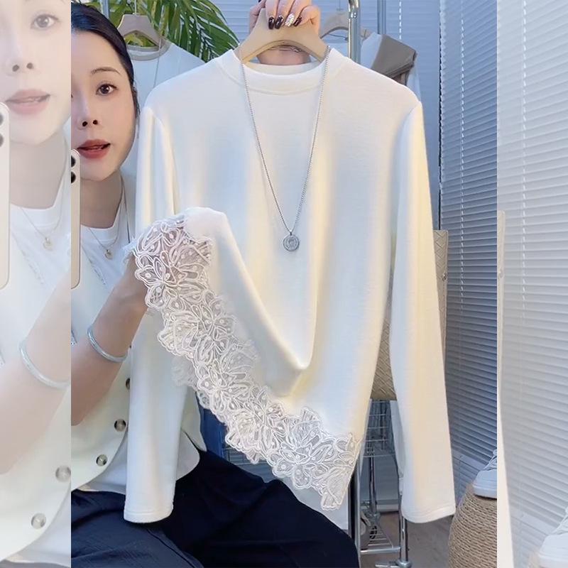 Elegant French Style Patchwork Lace Trim Thermal Top - Round Neck, Long Sleeve (2025 Autumn/Winter Collection) XL