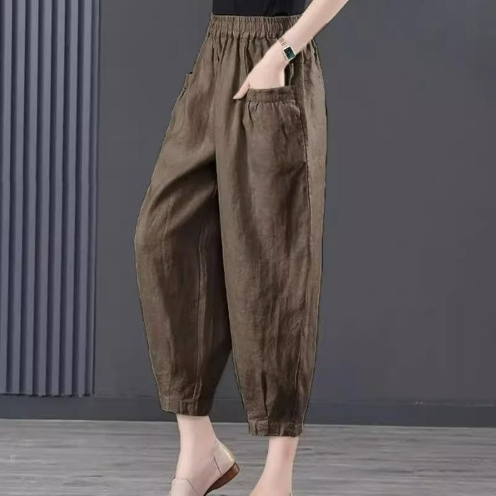 Summer Casual Cotton Linen Trousers Women's Loose Harem Pants with Retro Pockets Women's Solid Color Trousers with Elastic Waist Band