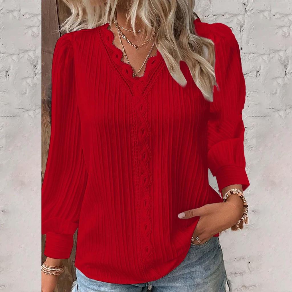 Women's Long-sleeved V-neck Lace Stitching Shirt