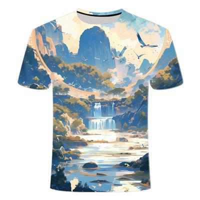 Camiseta masculina de gola redonda impressa em 3D para o verão de 2024, coleção explosiva com belas paisagens de montanhas verdes, águas verdes e cachoeiras