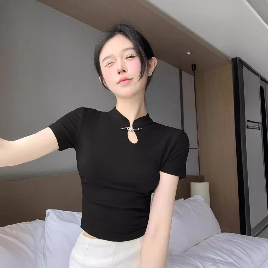 New Chinese retro button-up stand-up collar T-shirt women's summer new temperament Spice girl slim-fitting short-sleeved top
