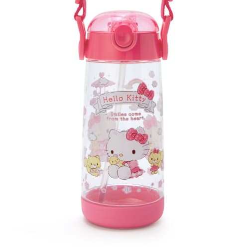 Sanrio Children's Water Bottle with Straw, 480ml, Direct Drinking, One-Touch, Lightweight, Plastic, Hello Kitty Design, with Shoulder Strap and Name S