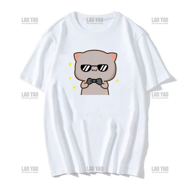 Słodka brzoskwiniowa kotka z kreskówkową parą nadrukowaną koszulką unisex szara wysłana kwiaty do brzoskwiniowej koszulki nowy styl miłośnicy ubrań casualowa koszulka