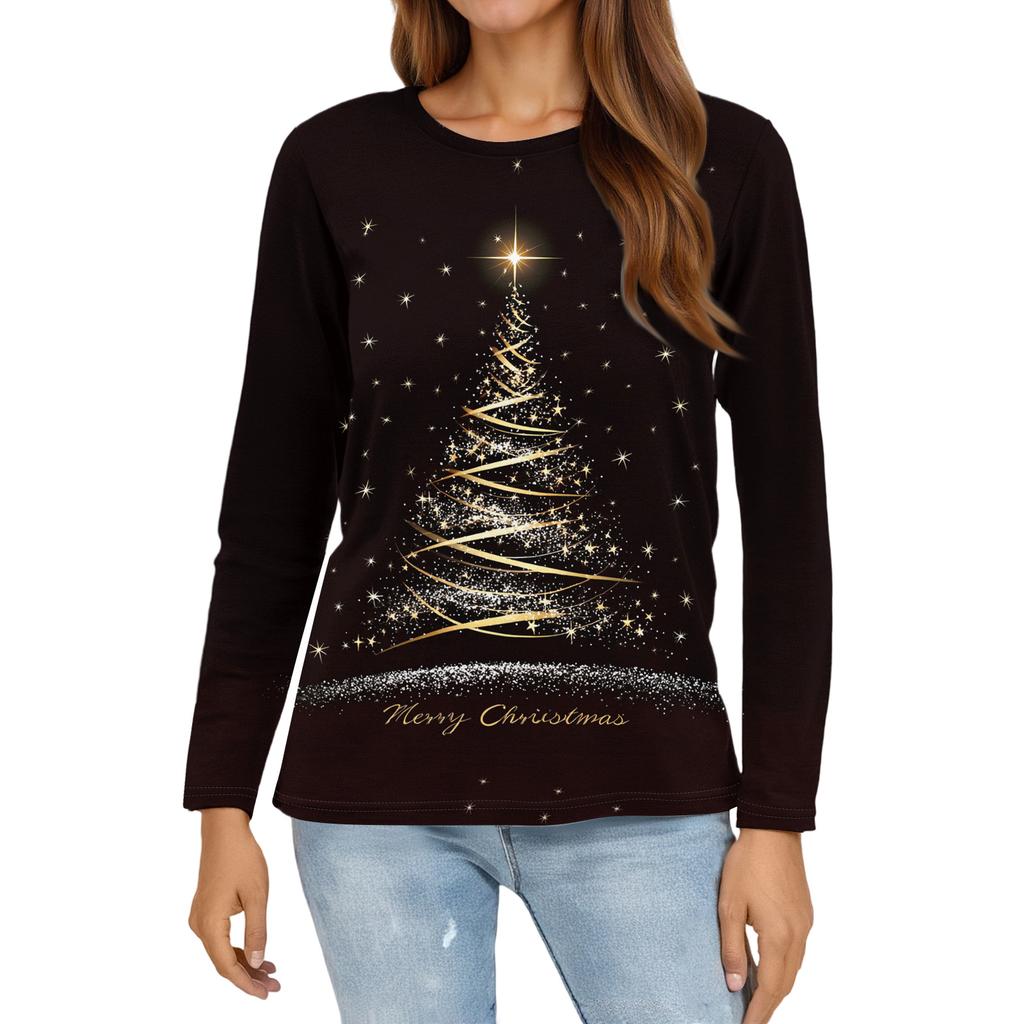 Women's Fashion Casual Slit Hem Round Neck Long Sleeve Loose Christmas Printed T-Shirt Ladies Top