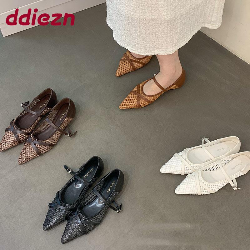 Fashion Weave Fashion Buckle Strap Women Flats Mary Janes Shoes Female Pointed Toe Ladies Flats Shoes With Height Increasing Footwear