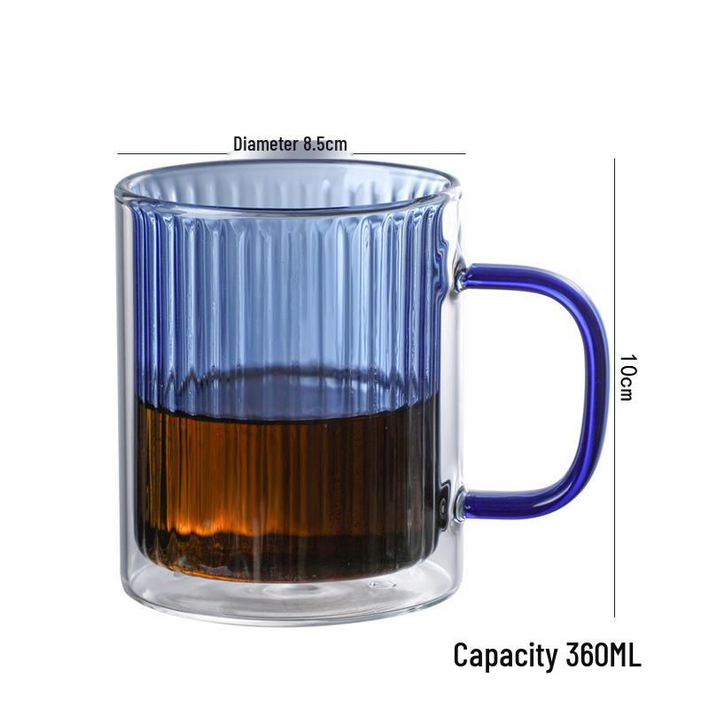 Double-Layer Vertical Stripe Glass Cup with Large Handle for Home, Office, or Coffee Shop Use
