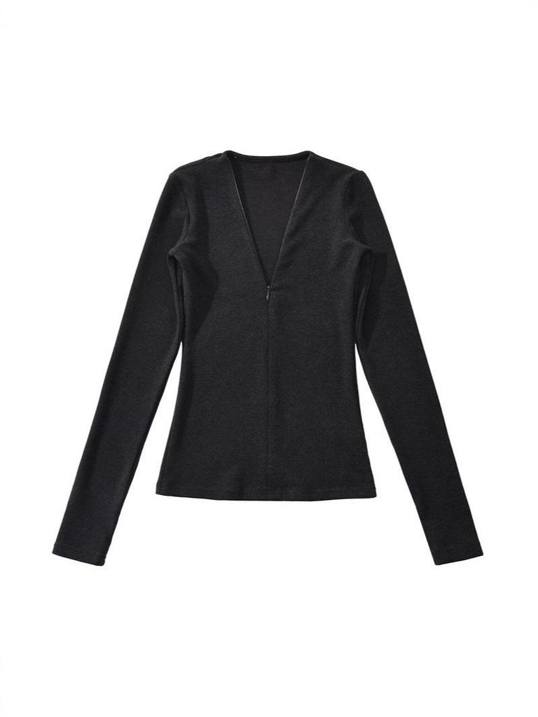 Chic French V-Neck Zipper Long Sleeve Slim Fit T-Shirt for Women, Autumn/Winter High-End Style.