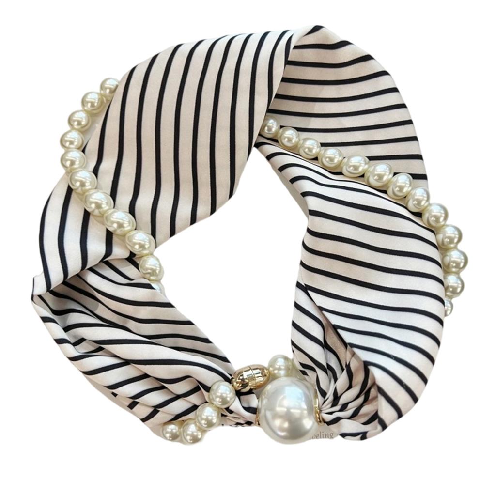 Magnetic Clasp Pearls Chain Necklace Floral Satins Scarf Elegant Silk Skinny Narrow Neckerchief for Fashionable Women