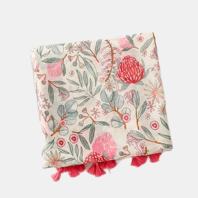 Bufanda Floral de Viscosa Suave con Borlas para Mujer - Chal Ligero con Estampado de Plantas Rosa y Verde, Cálido y Transpirable para Uso en Exteriores, Chal Transpirable