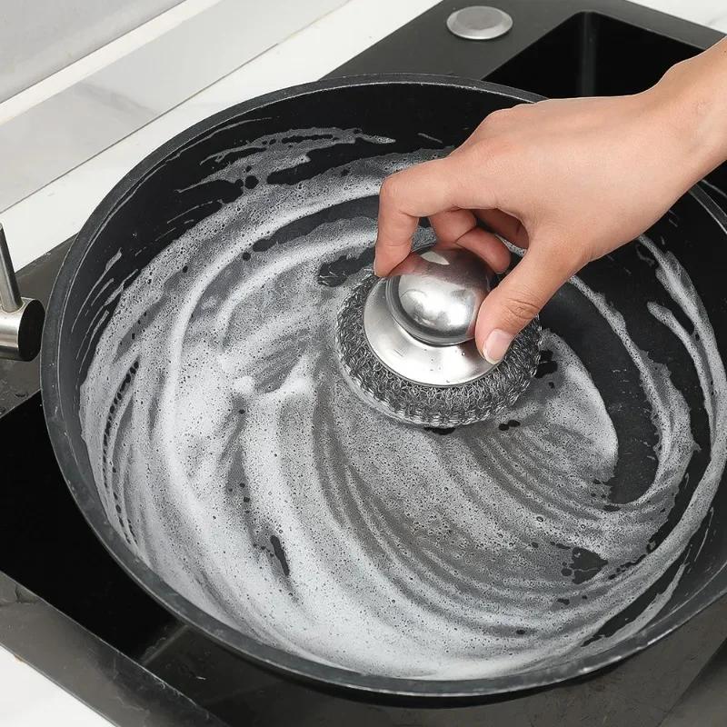 1-6Pcs Wire Ball Dish Brush Stainless Steel Pot Wire Scrubbers Ergonomic Short Handle Home Kitchen Tableware Cleaning Supplies