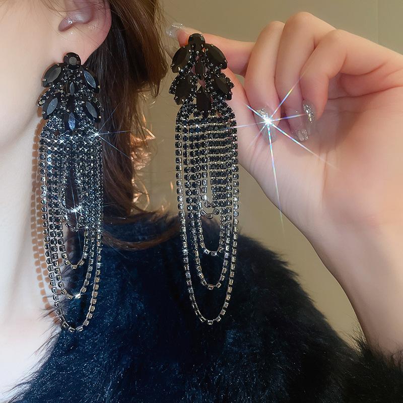 Silver Needle Feather Fringed Earrings Long Light Luxury Atmospheric Stud Earrings Personalized Design Earrings