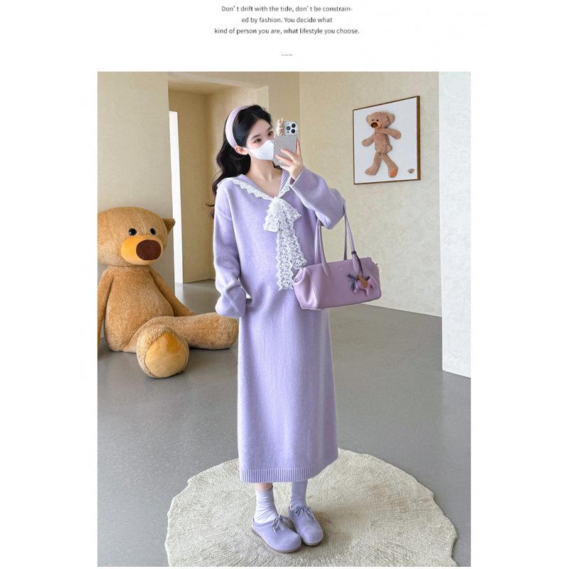 Autumn/Winter 2025 Maternity Dress: Korean-Style Plus Size Sailor Collar with Lace Patchwork M