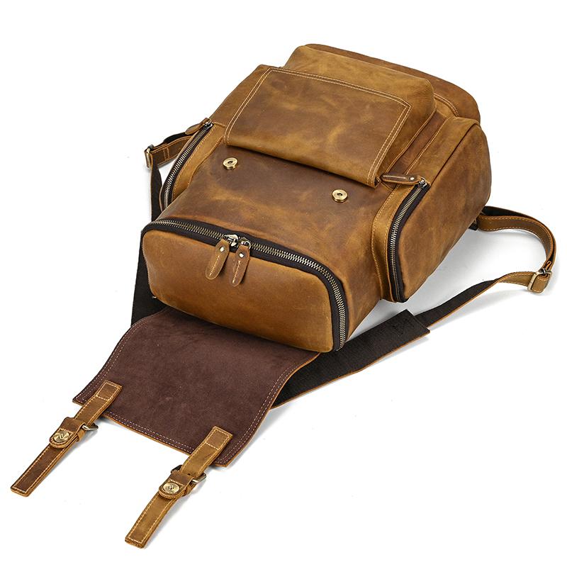 Male Leather Backpack  Top Layer Cowhide Leather Double Shoulder Bag Retro Stylish Business Men's Laptop Backpack 15.6" Bagpack