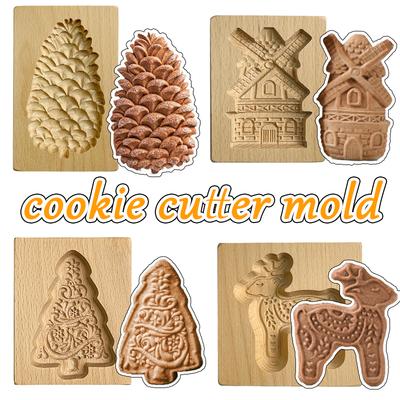 Wooden Cookie Molds for Christmas DIY 3D Engraved Embossed Biscuit Gingerbread Cutter Moulds Xmas Tree Reindeer Santa Claus