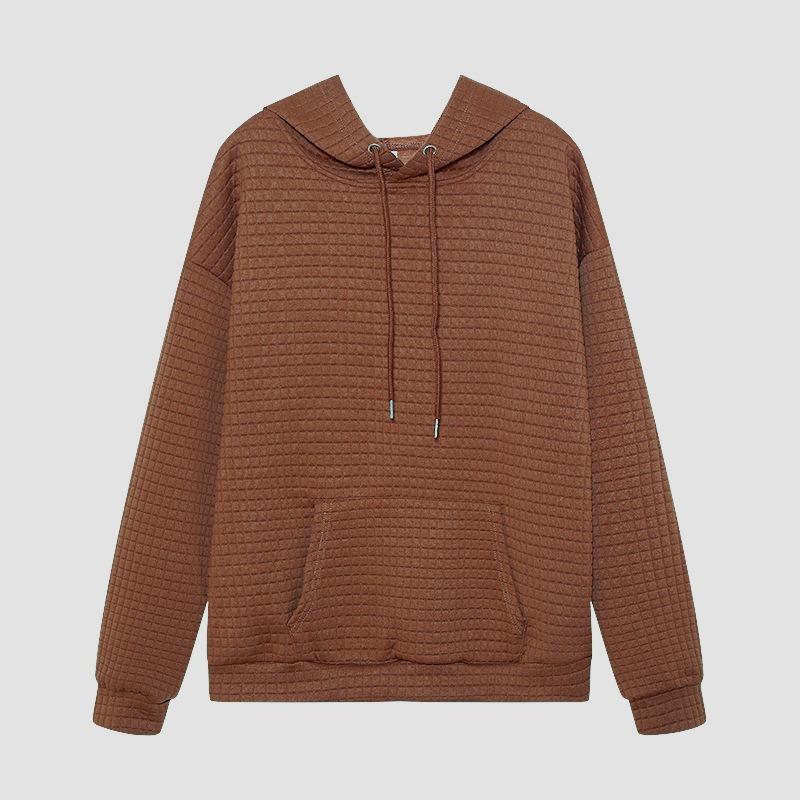 Waffle Grid Kangaroo Pocket Hoodie, Casual Long Sleeve Drawstring Hoodies Sweatshirt, Women's Clothing