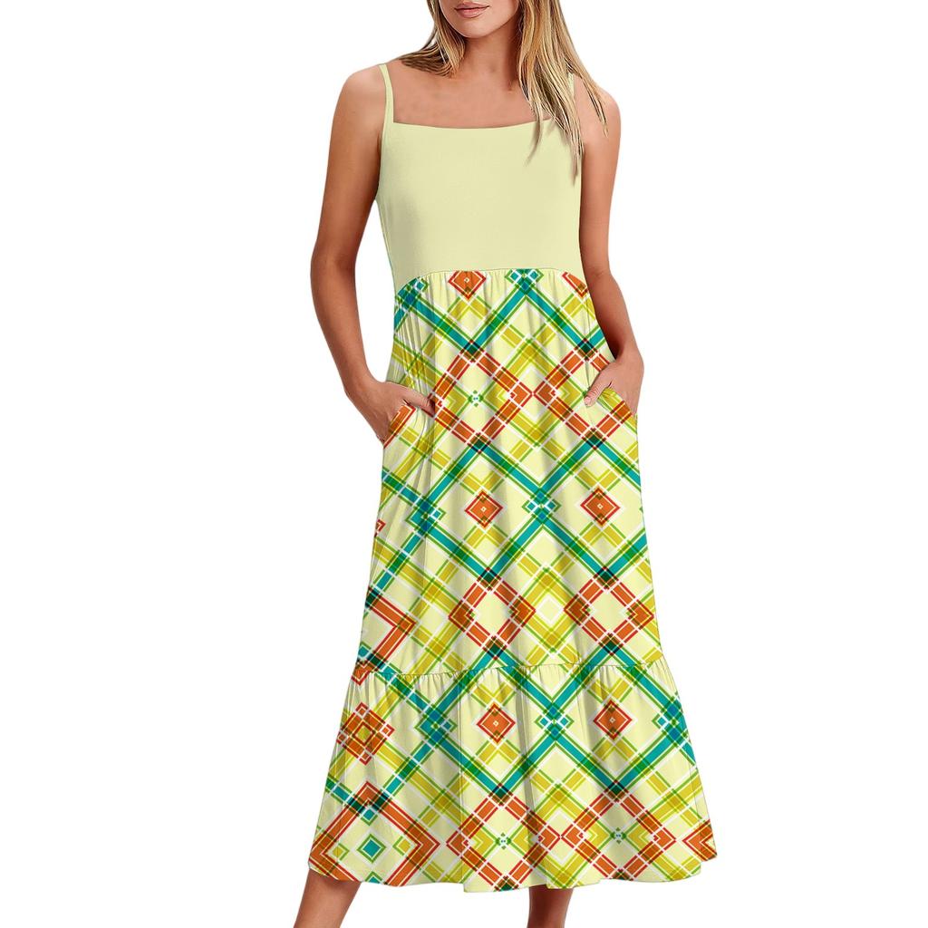 Women's Long Beach Casual Elegant Spaghetti Strap Maxi Dress Plaid Print Low-key Flowing Bohemian Dress