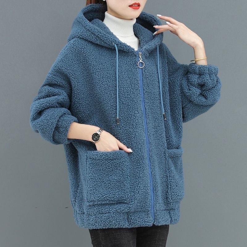 Women's Autumn And Winter Loose And Trendy Zipper Cardigan With Thick Lamb Wool And Fleece Hoodie Jacket