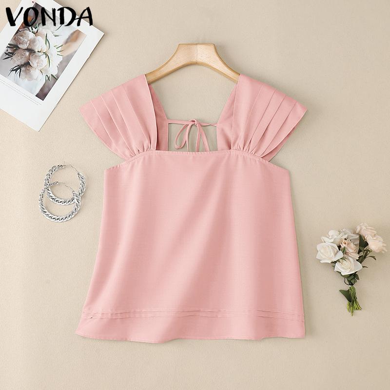 VONDA Women Square Collar Casual Pleated Short Sleeve Blouse Tops