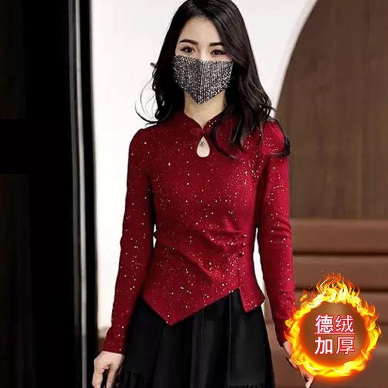 

New Chinese Style Autumn Winter Bottoming Shirt for Women Thickened German Velvet Slim Half Turtleneck T-shirt Versatile Top L