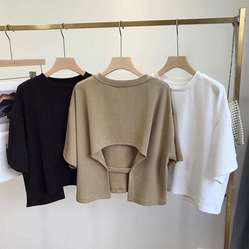 Dámské letní tričko s odhaleným zadkem, kulatým výstřihem, volným krátkým rukávem