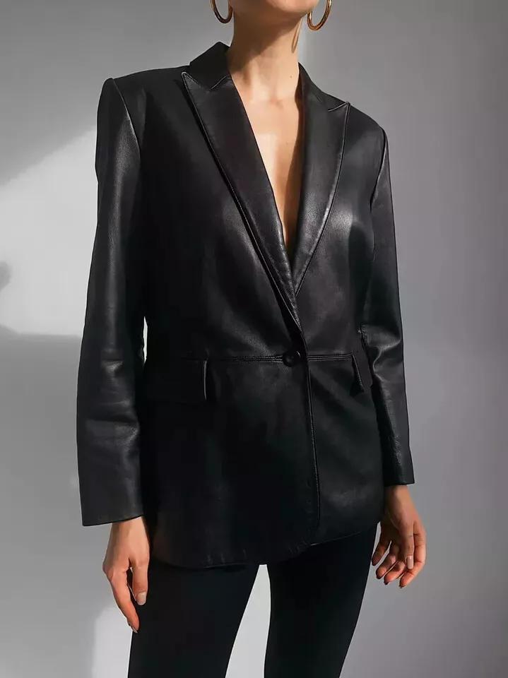 

Женский черный пиджак из натуральной кожи ягненка, стильный дизайн, ручная работа 3XL чёрный