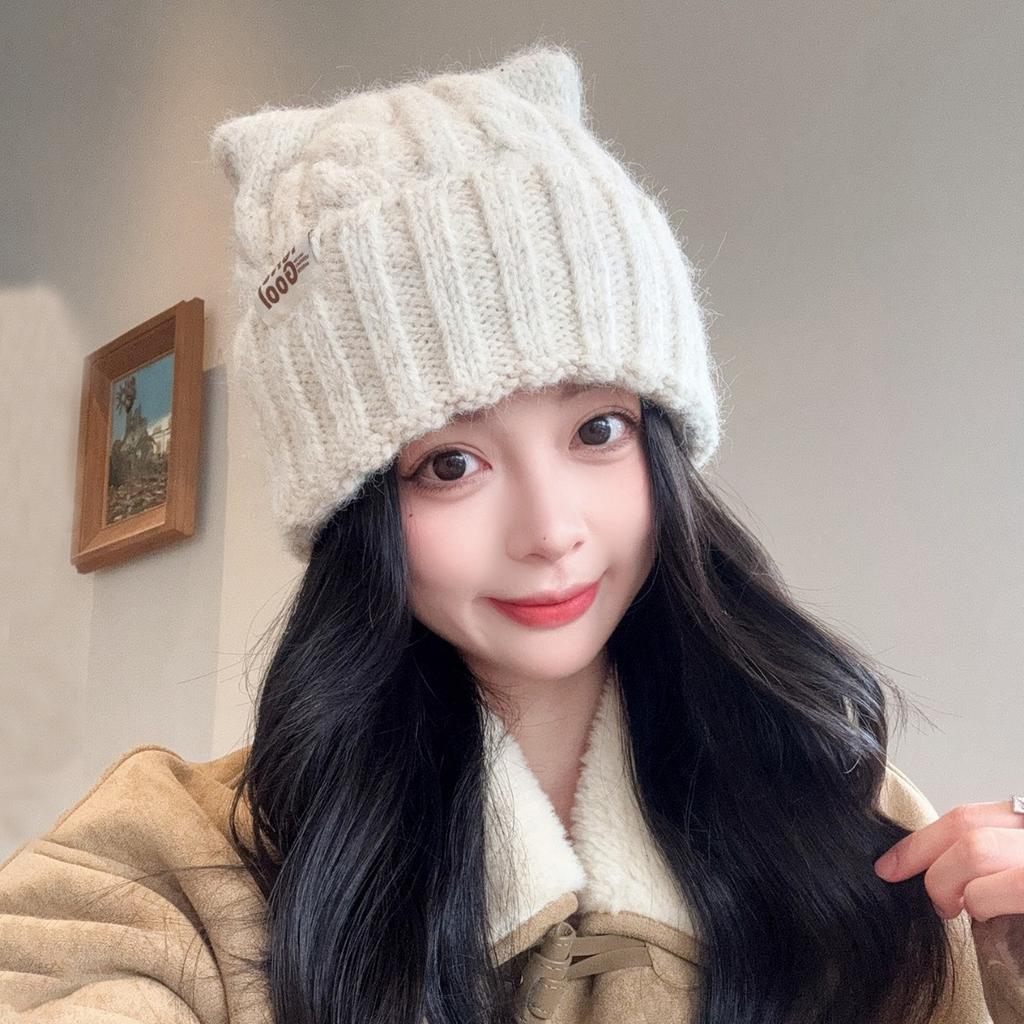 Japanese cute cat ear knitted wool hat children's season sweet versatile thickened warm ear protection pullover hat tide