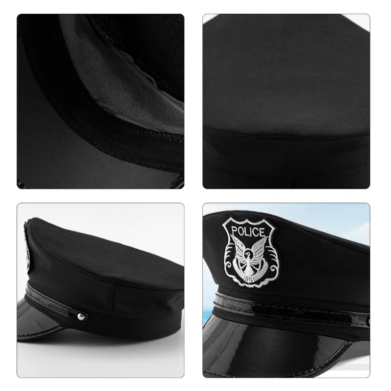 Chapeau de policier adulte avec badges brodés Chapeau militaire Fête d'Halloween Cosplay Chapeau de policier Voyage Prise de photo Chapeau adulte