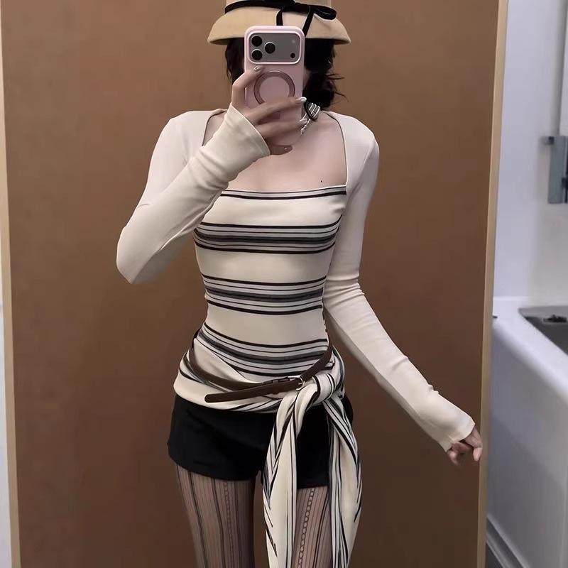 

American Sexy Contrast Stripe Two-Piece Long-Sleeve Women s Top with Bow - Slimming Autumn/Winter Base Layer Small