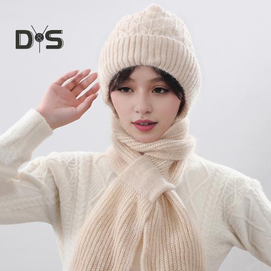Women Winter Hat with Integrated Scarf Thick Warm Knitted Windproof High Elasticity Full Protection Outdoor Travel Cold Weather Cycling Cap