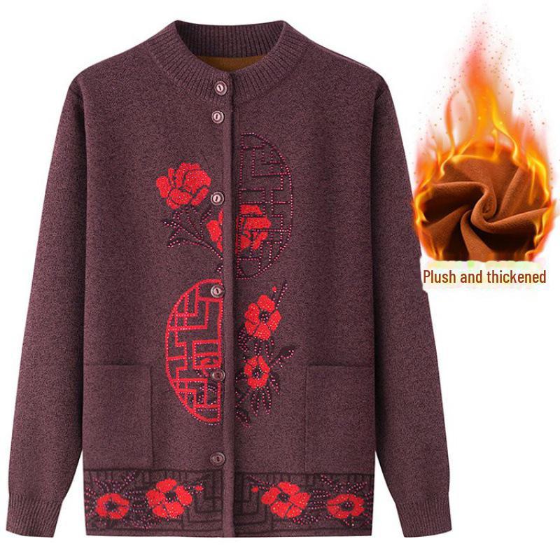 Warm Knitted Cardigan for Middle-aged and Elderly Women - Plus Velvet Winter Sweater Coat
