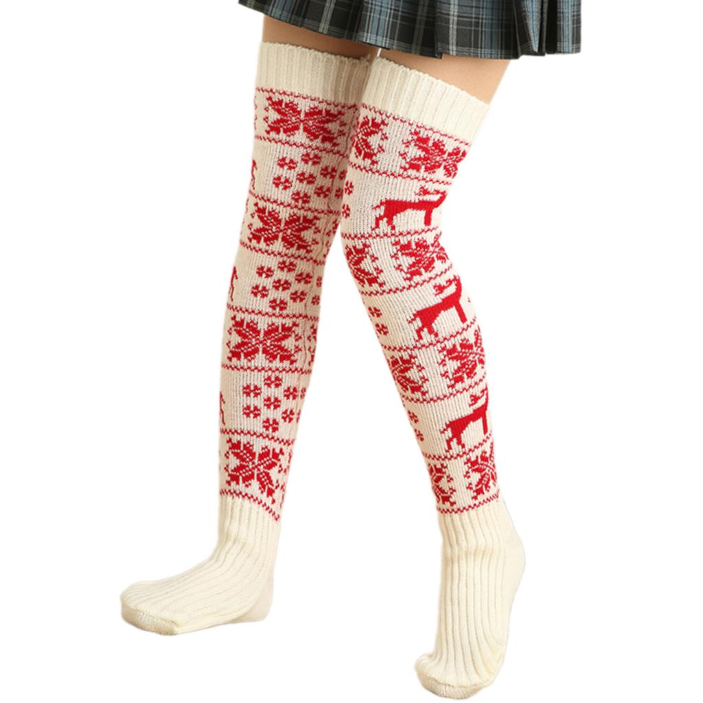 Modische Damen Kniestrumpf Weihnachtsstrümpfe mit Rentier Schneeflocken Muster Festival Gestrickte Über das Knie Lange Socken