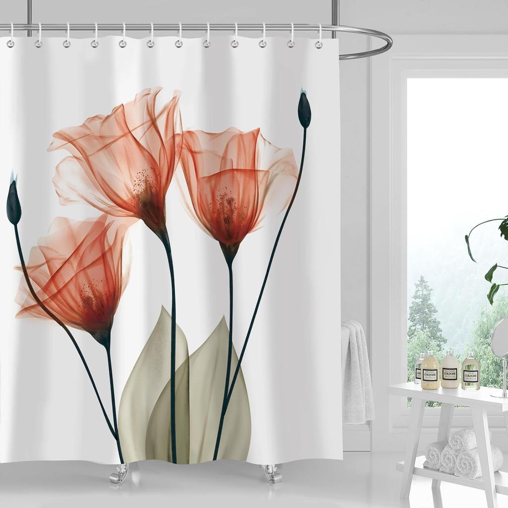 Grey Floral Shower Curtain Watercolor Tulip Flower Shower Curtains For Bathroom Waterproof Polyester Fabric Bathroom Curtain