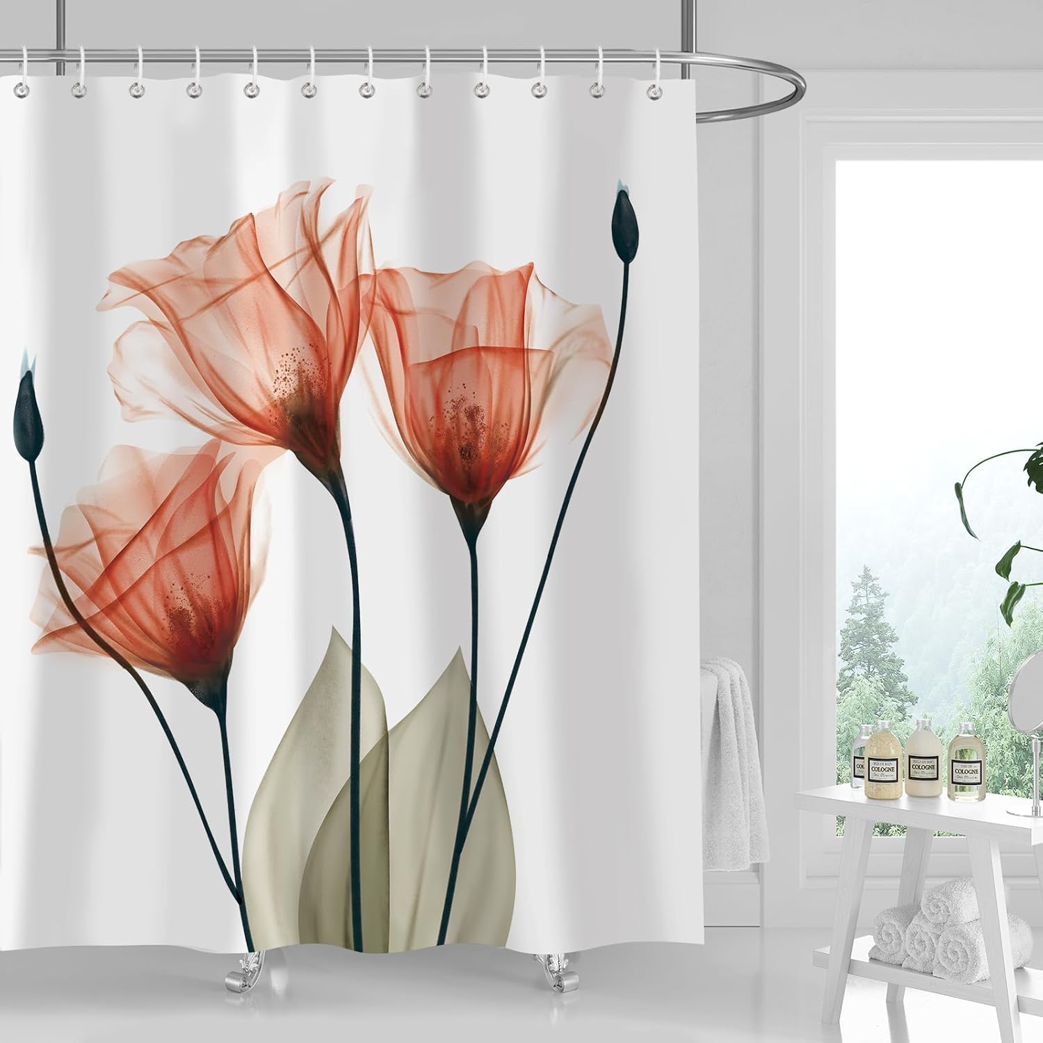 

Watercolor Tulip Shower Curtain – Orange Floral Design, Modern Artistic Bathroom Decor With Elegant Flowers W60H190(CM)-1 Pcs