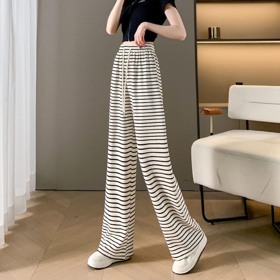 Pantalones de Pierna Ancha a Rayas Blancas y Negras para Mujer Primavera Verano Pierna Recta Sueltos Casuales Pantalones Versátiles con Estampado de Cebra