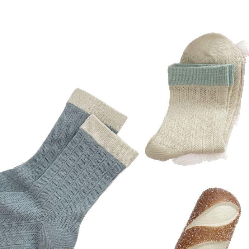Meias Sem Costura Femininas Color Block Meia de Cano Médio Meia de Cano Fino Vazado Empilhada Com Meias de Algodão