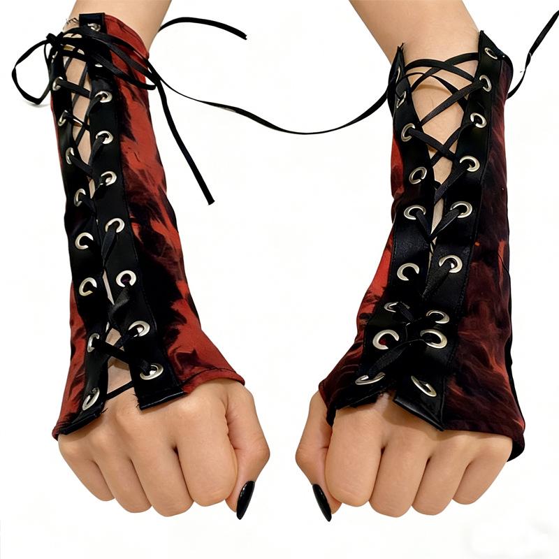 Women s Red Tie-Dye Arm Warmers with Straps - Dark Gothic Punk Style Armbands One Size