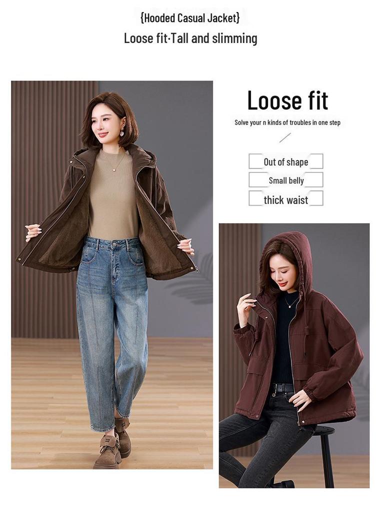 Women's Plus Size Pure Cotton Fleece-Lined Parka Jacket - Short, Thickened, Casual Style for Autumn/Winter 2024