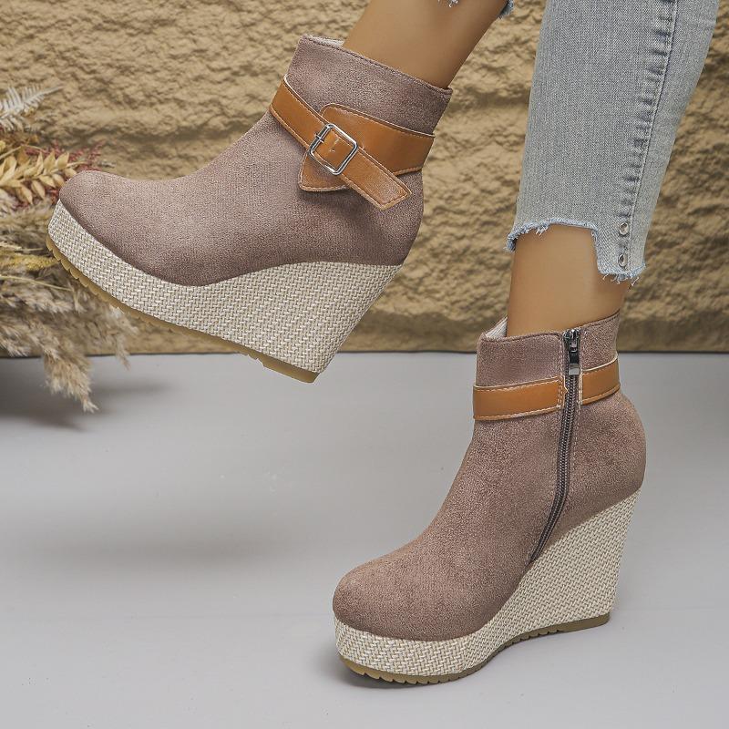 Bottes Courtes Fashion Plateformes Épaisses Automne pour Femmes, Fermeture Éclair Latérale, Boucle de Ceinture, Style Compensé Daim, Disponibles En Grandes Tailles.