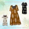 Bohemian Ethnic Print Long Dress Womens Short Sleeve Embroidered Neck Loose Casual Summer Dress