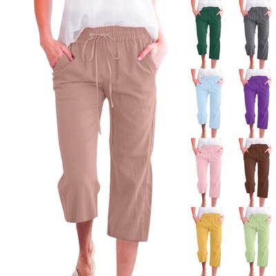 Damen Einfarbig Kordelzug Baumwolle und Leinen Lässig Locker Gerade Tasche Zuhause Cropped Hose