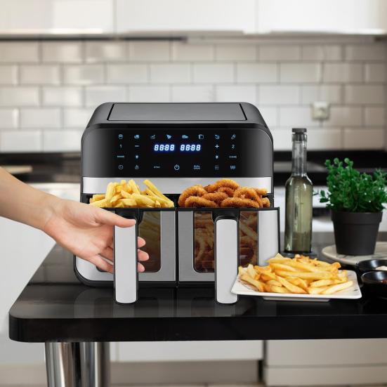 Friteuses à air chaud double zone avec fenêtre de visualisation Capacité 9L Double friteuse à air 2 tiroirs Écran tactile Fonction minuteur intelligent (EU Plug)
